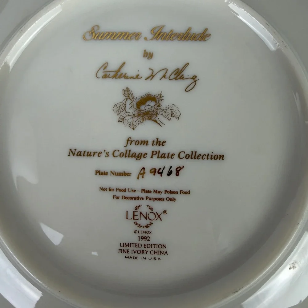 Lenox Summer Interlude Catherine McClung Natures Collage Bluebird Plate 1992